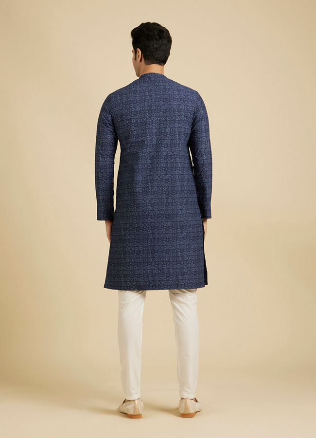 Manyavar Men Navy Blue Aztec Printed Kurta