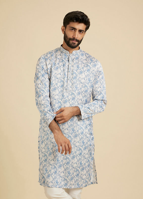 Manyavar Men Maya Blue Bel Buti Printed Kurta