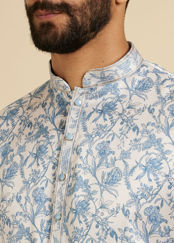 Manyavar Men Maya Blue Bel Buti Printed Kurta