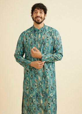 alt message - Manyavar Men Teal Green Mosaic Printed Kurta image number 0