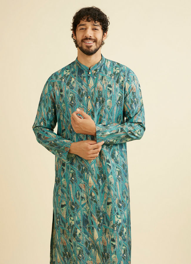 alt message - Manyavar Men Teal Green Mosaic Printed Kurta image number 0