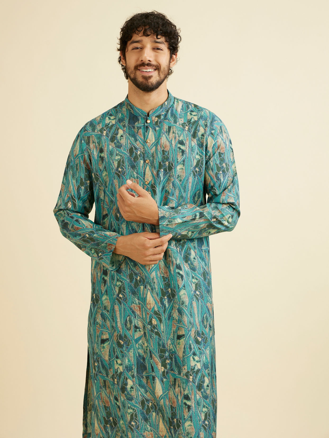 Manyavar Men Teal Green Mosaic Printed Kurta