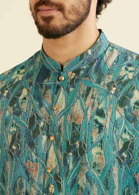 alt message - Manyavar Men Teal Green Mosaic Printed Kurta image number 1