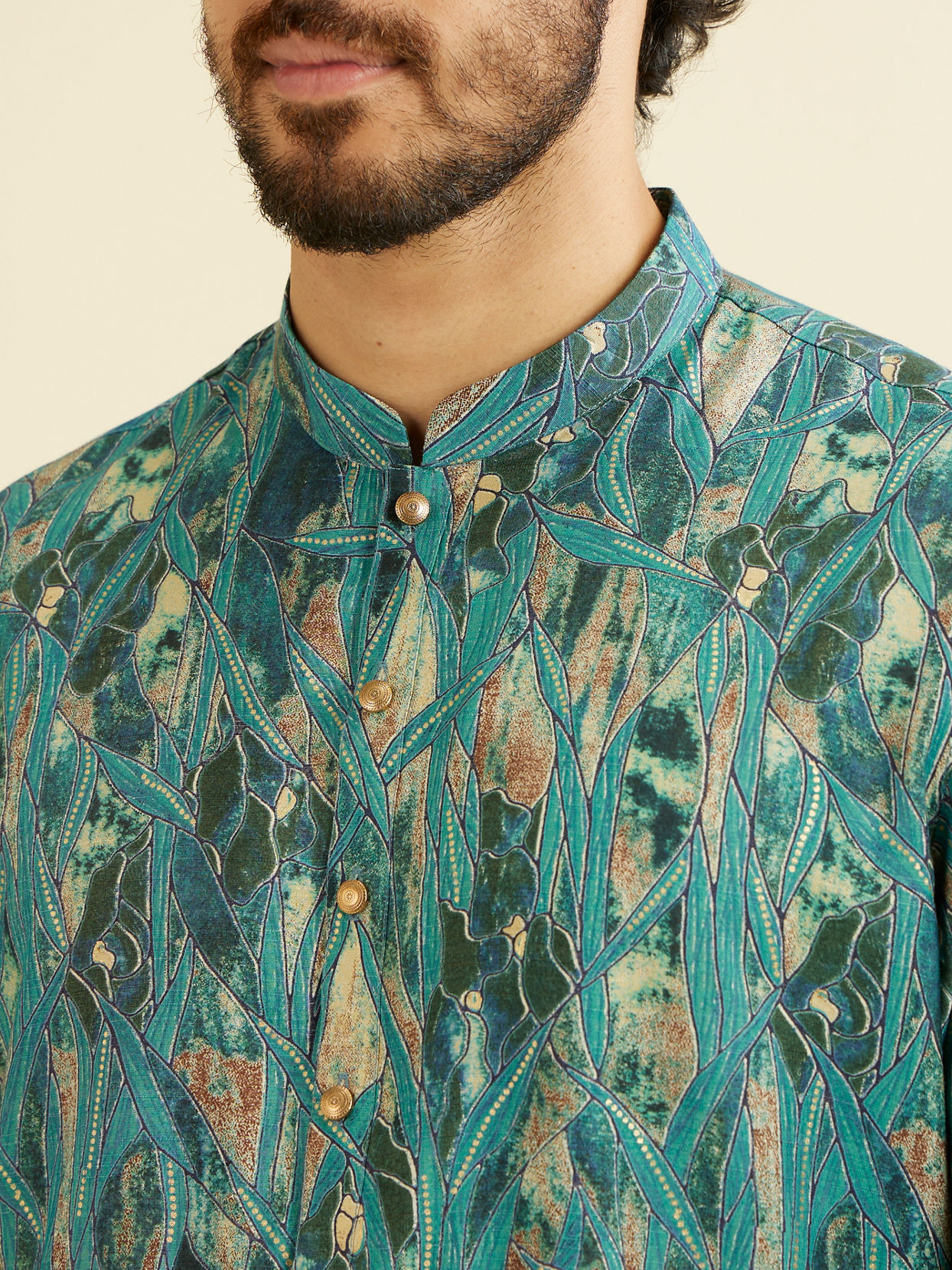 alt message - Manyavar Men Teal Green Mosaic Printed Kurta image number 1