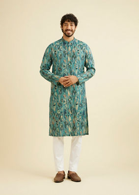 alt message - Manyavar Men Teal Green Mosaic Printed Kurta image number 2