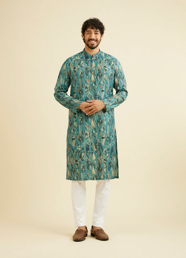 Manyavar Men Teal Green Mosaic Printed Kurta