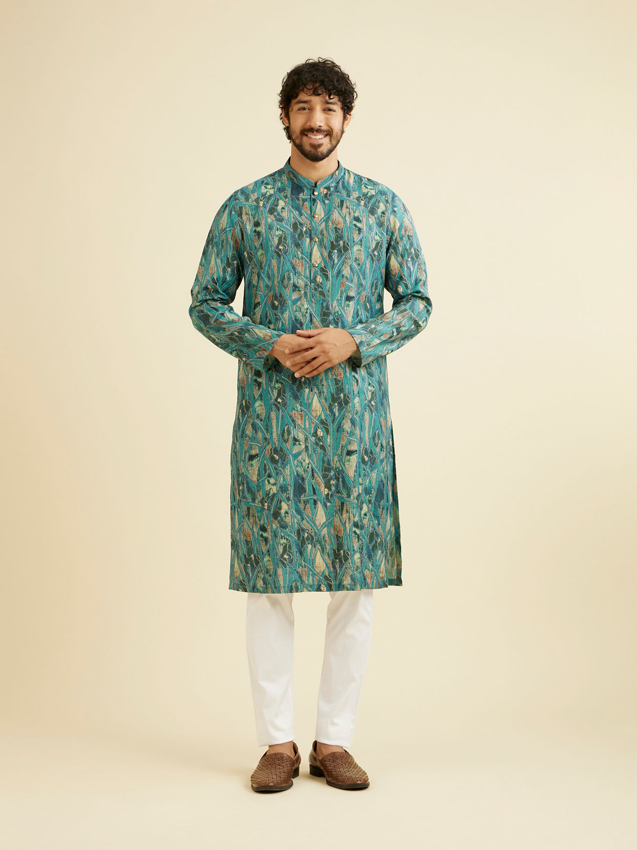 alt message - Manyavar Men Teal Green Mosaic Printed Kurta image number 2