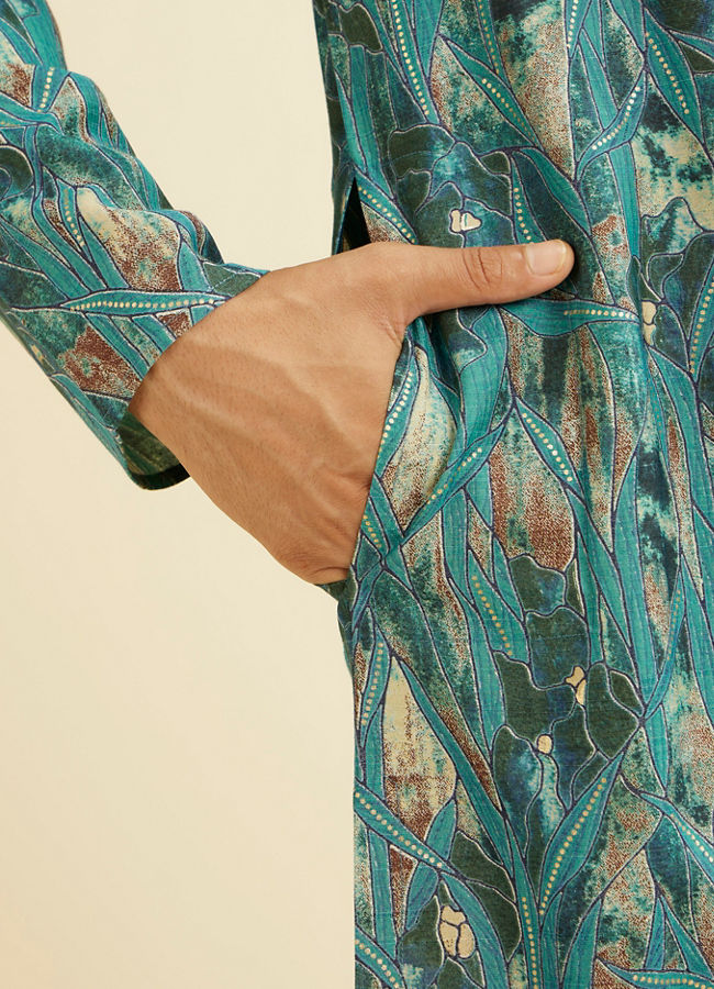 Manyavar Men Teal Green Mosaic Printed Kurta