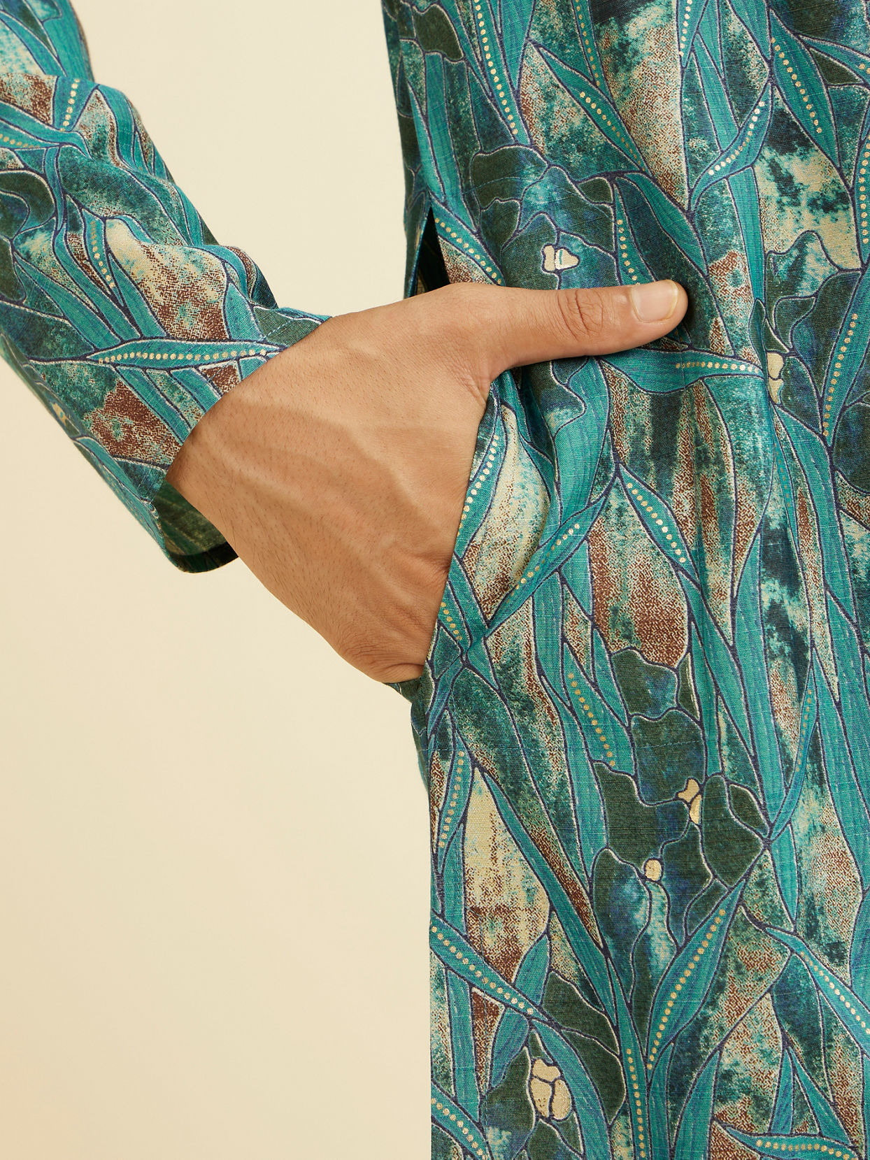 Manyavar Men Teal Green Mosaic Printed Kurta