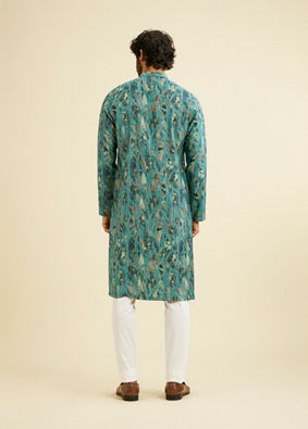 alt message - Manyavar Men Teal Green Mosaic Printed Kurta image number 4