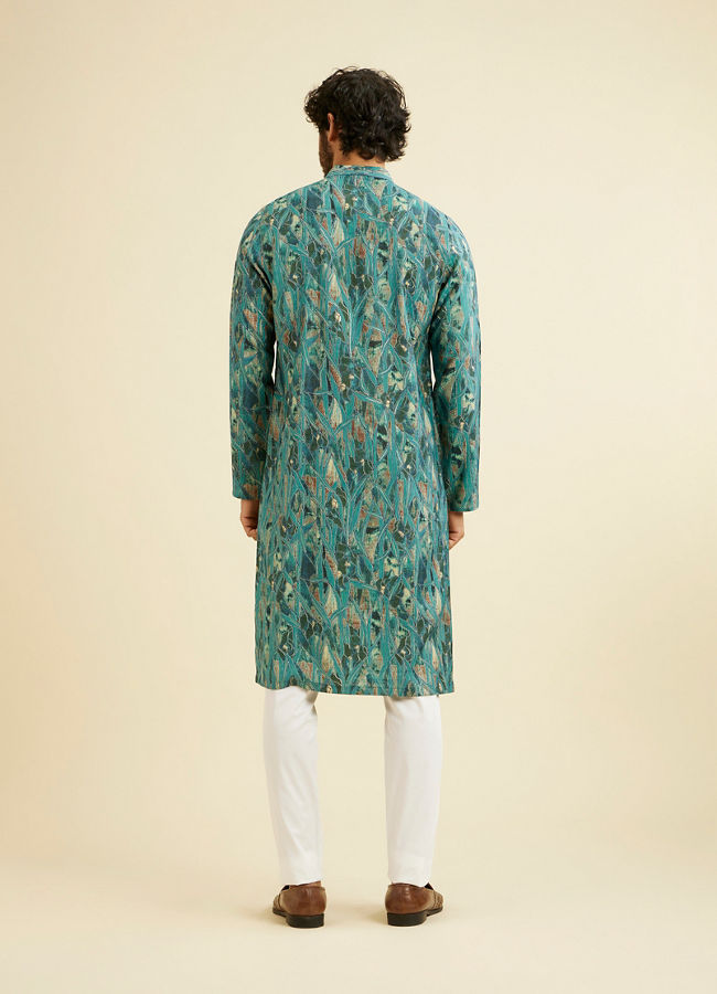 alt message - Manyavar Men Teal Green Mosaic Printed Kurta image number 4