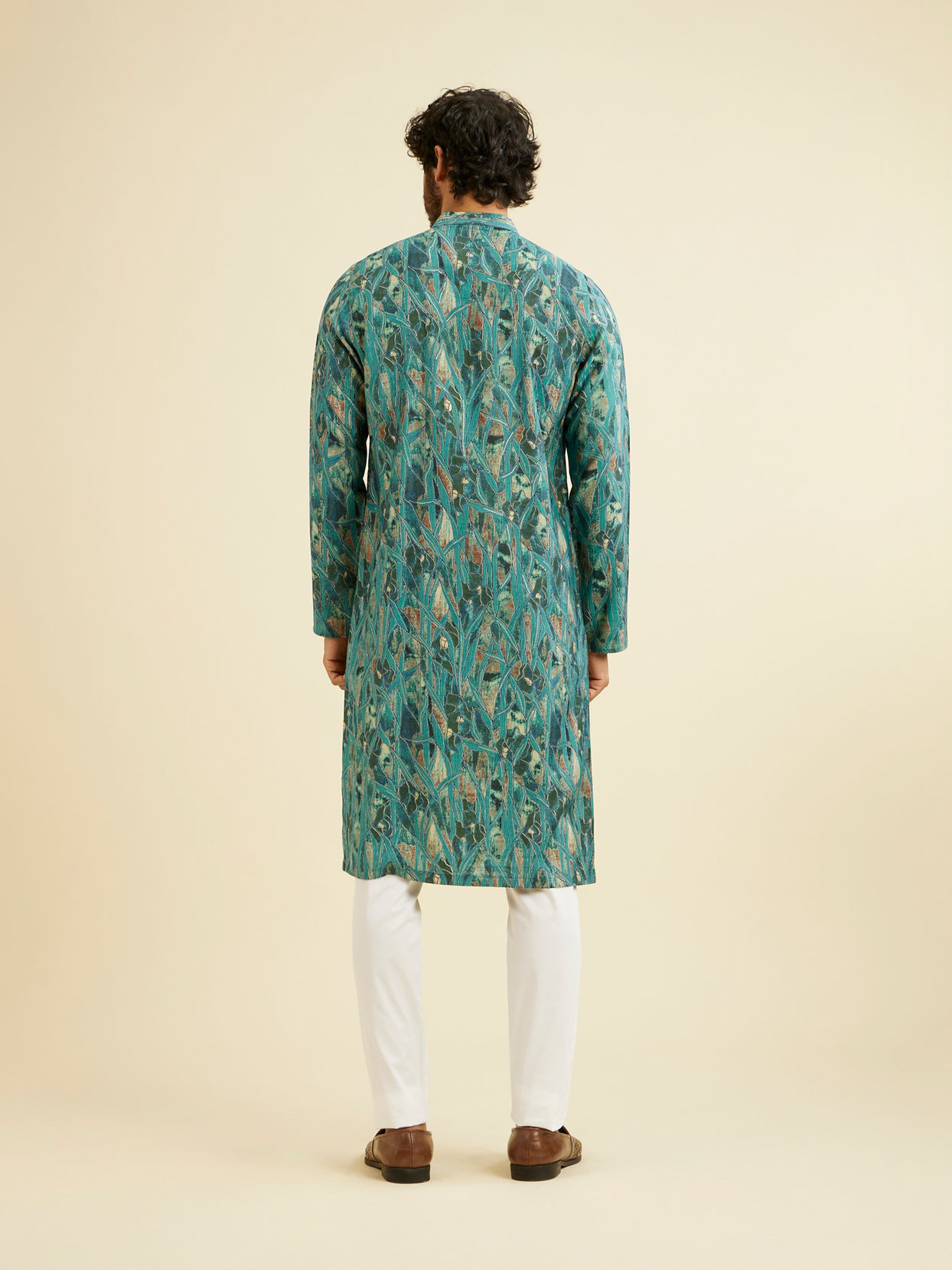 alt message - Manyavar Men Teal Green Mosaic Printed Kurta image number 4