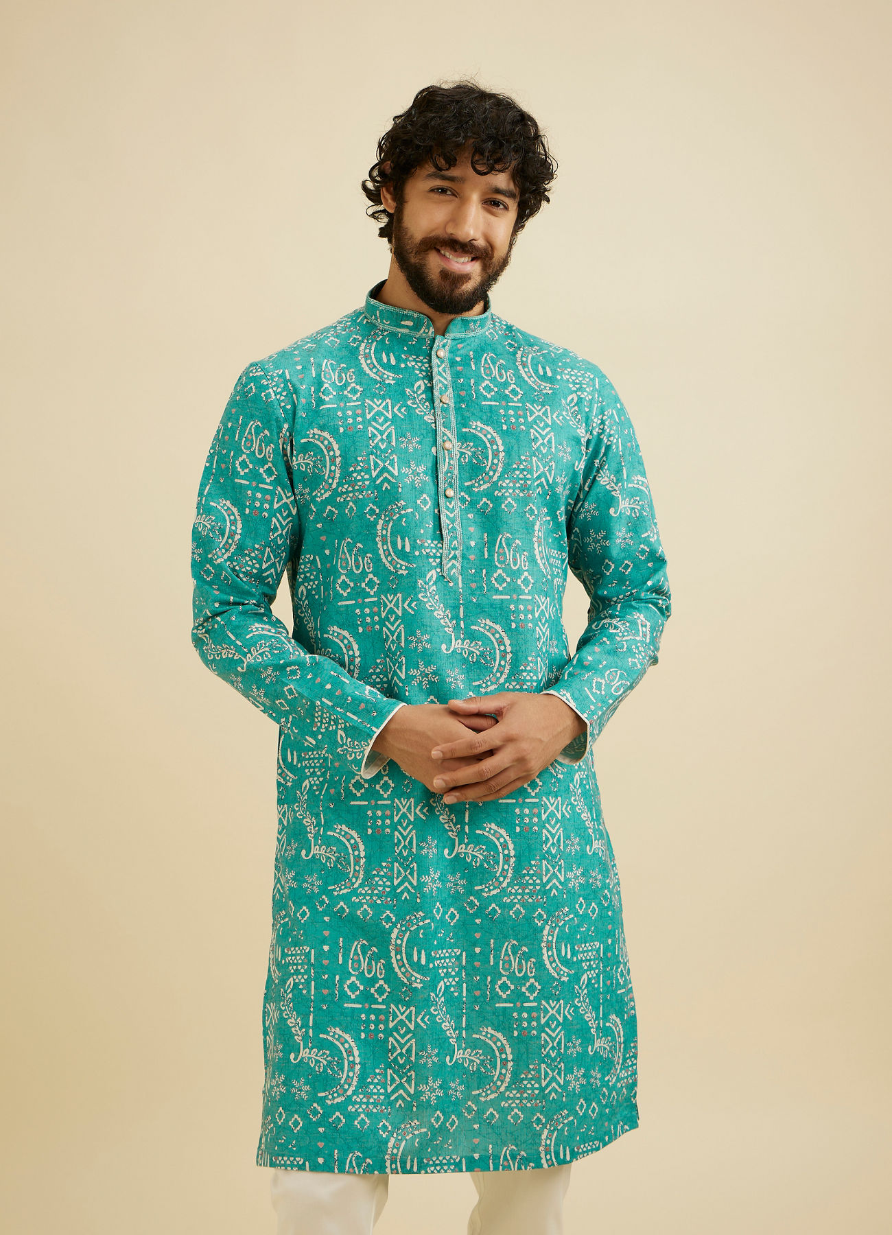 Manyavar Men Teal Blue Abstract Printed Kurta