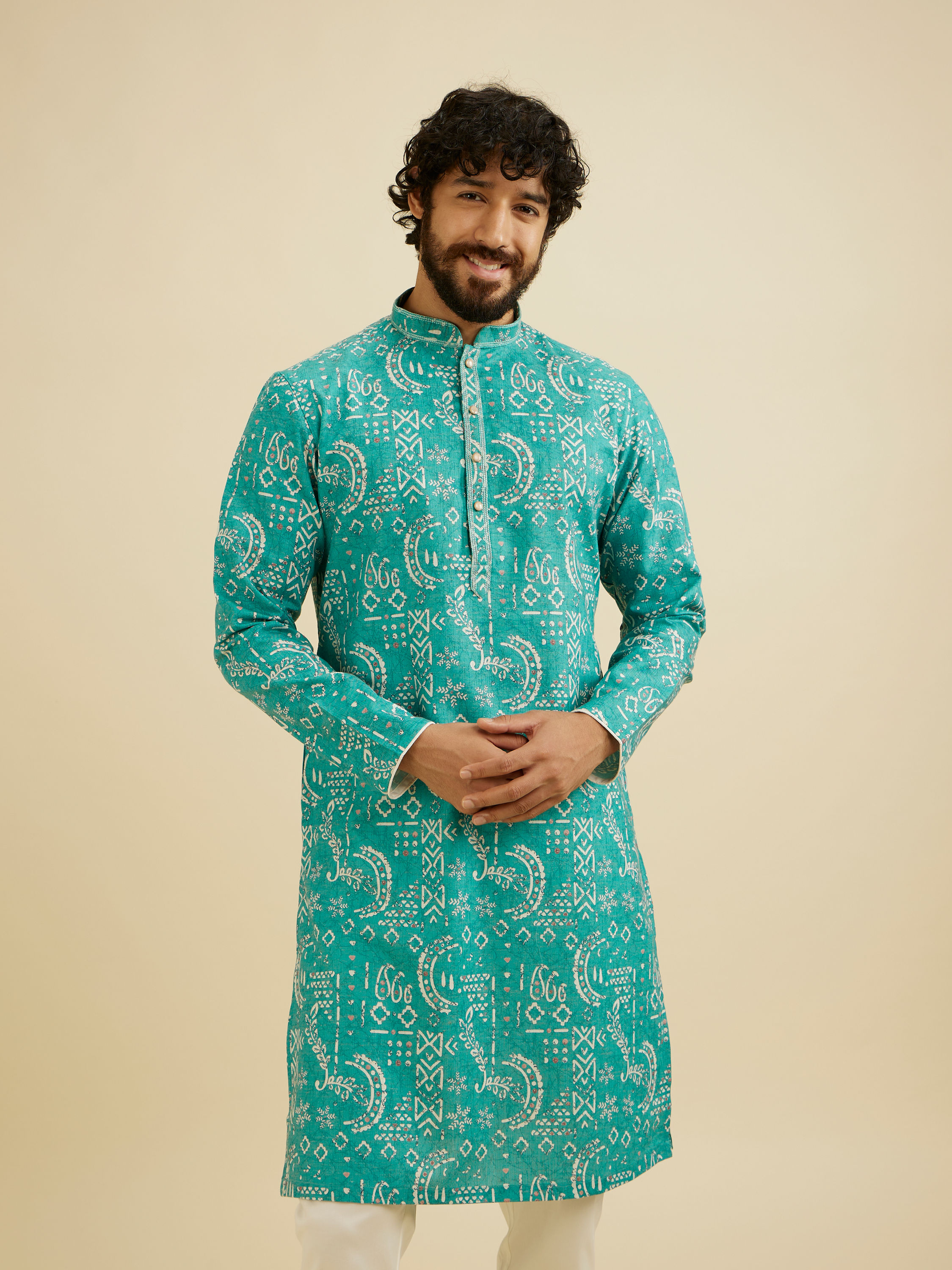 Manyavar Men Teal Blue Abstract Printed Kurta