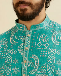 Manyavar Men Teal Blue Abstract Printed Kurta
