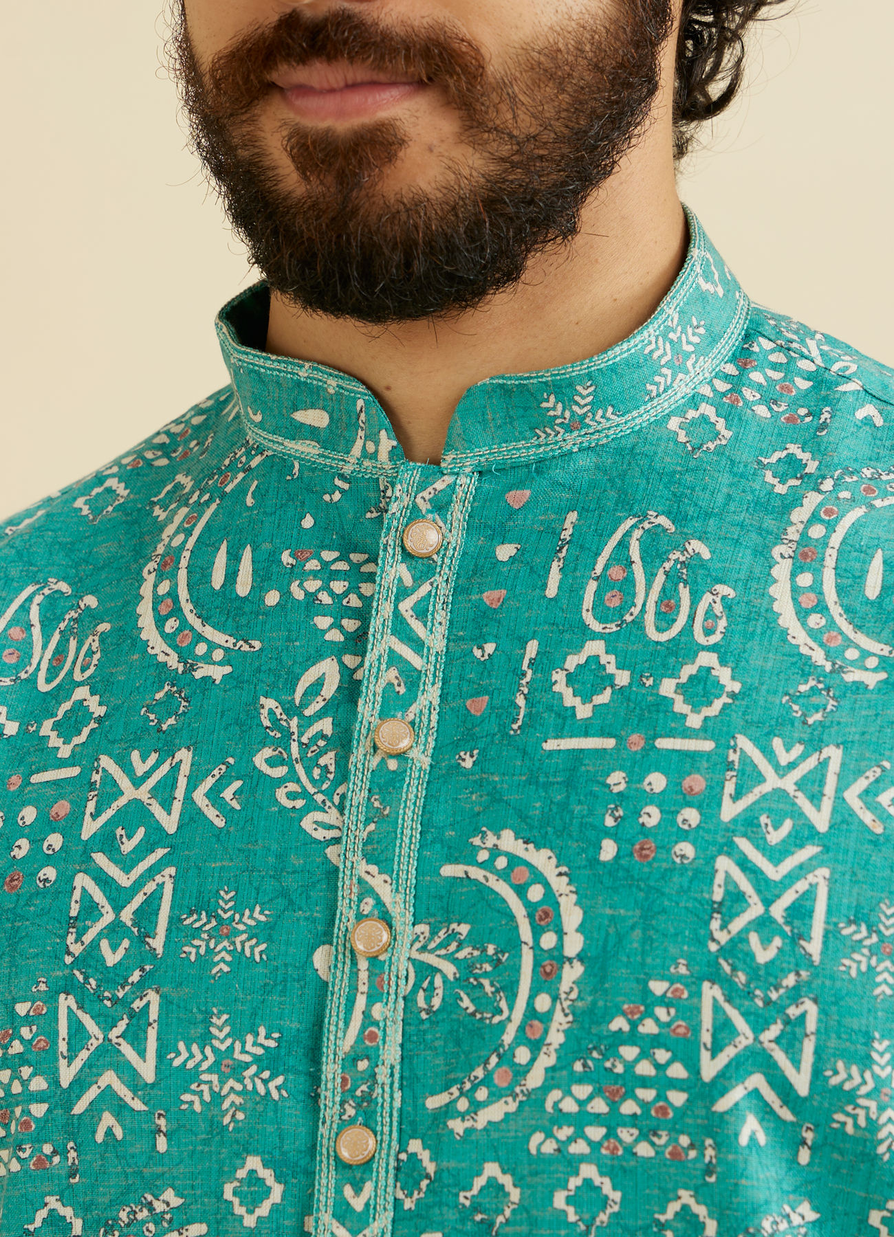 Manyavar Men Teal Blue Abstract Printed Kurta