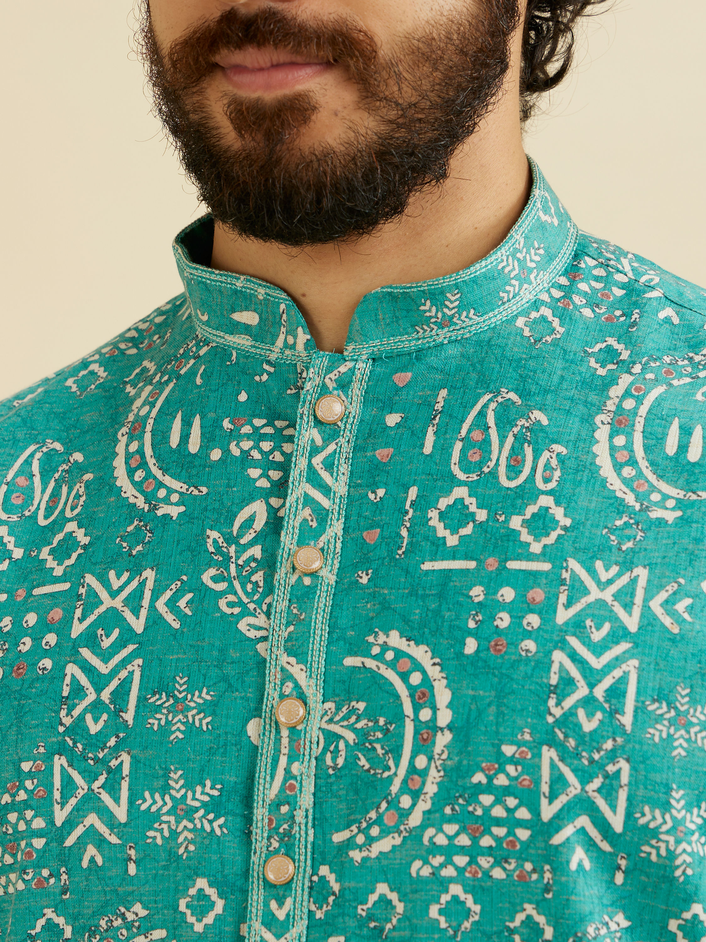 Manyavar Men Teal Blue Abstract Printed Kurta