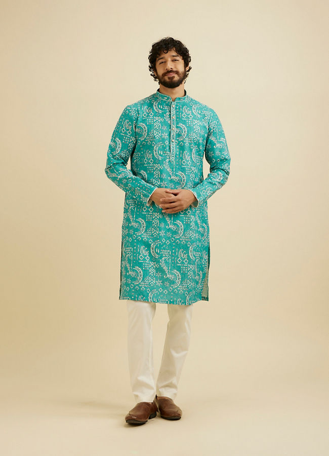 Manyavar Men Teal Blue Abstract Printed Kurta