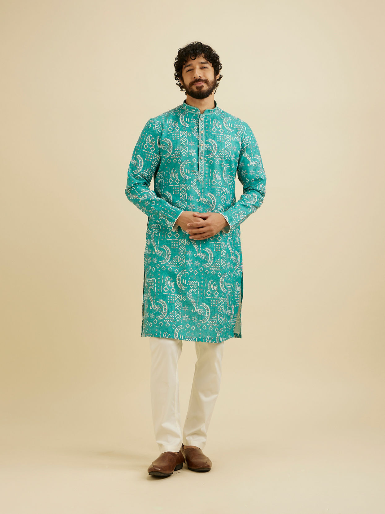 Manyavar Men Teal Blue Abstract Printed Kurta