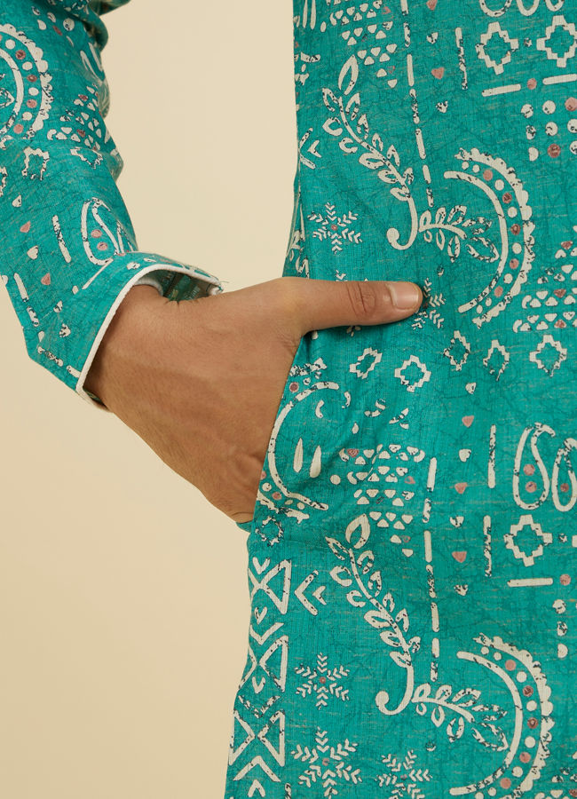 Manyavar Men Teal Blue Abstract Printed Kurta
