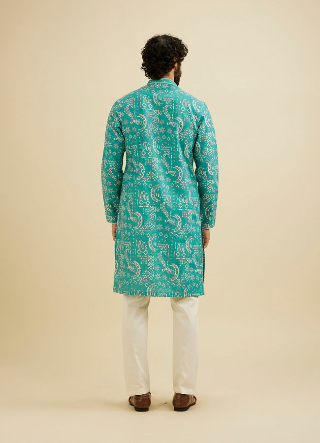 Manyavar Men Teal Blue Abstract Printed Kurta