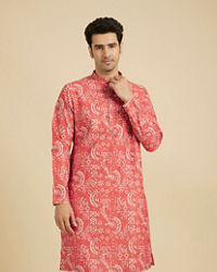 Manyavar Men Coral Peach Abstract Printed Kurta