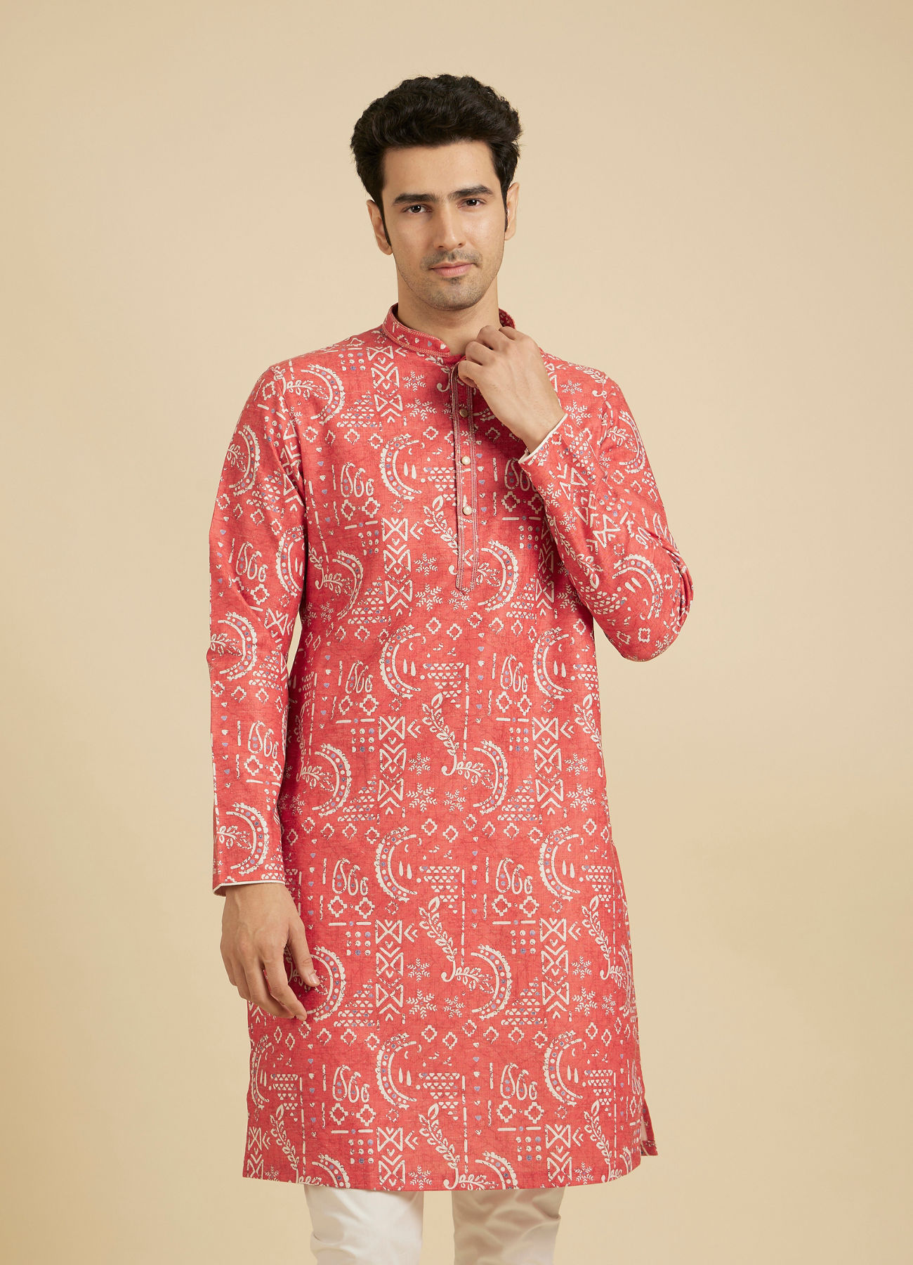 Manyavar Men Coral Peach Abstract Printed Kurta