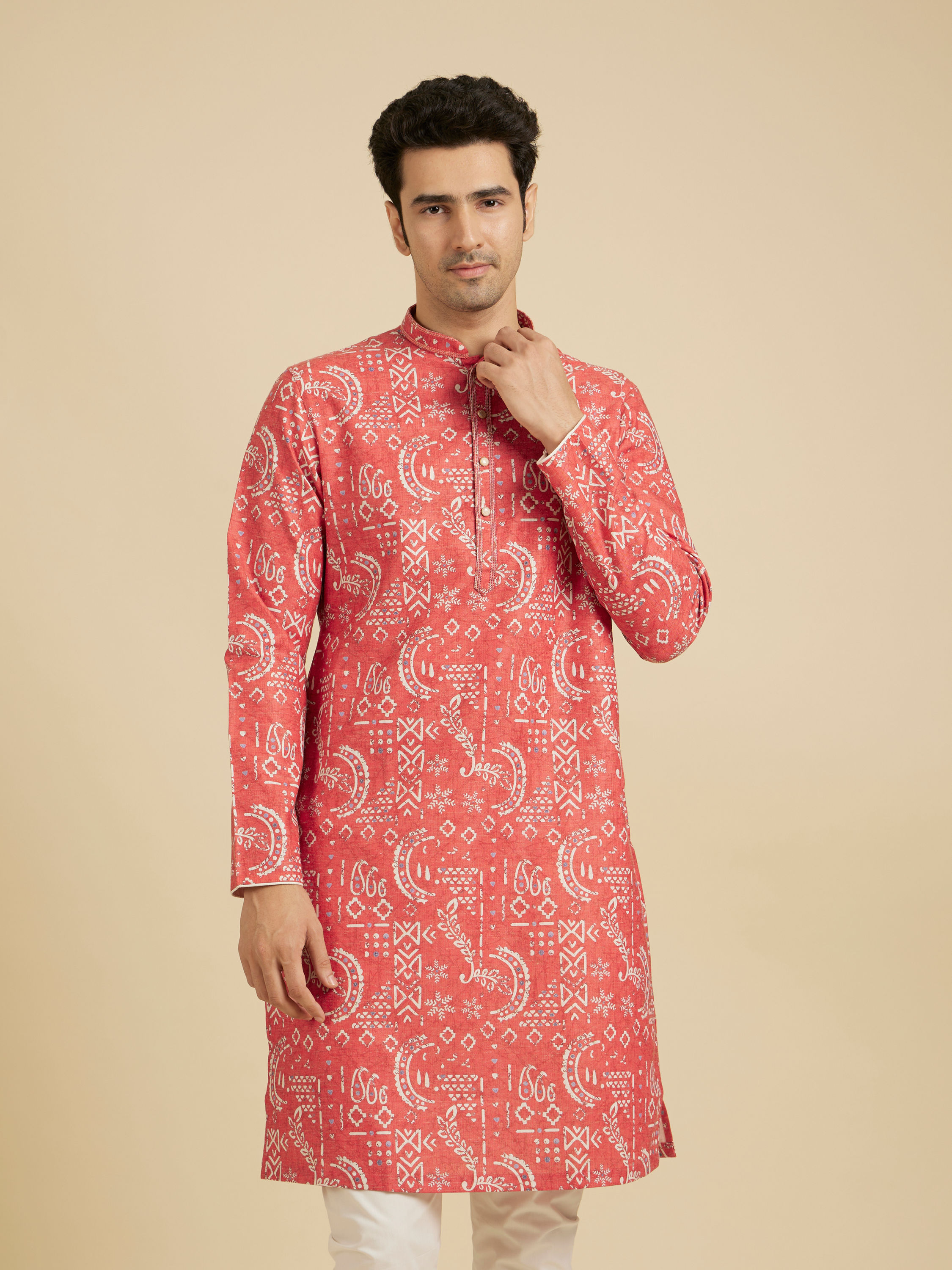 Manyavar Men Coral Peach Abstract Printed Kurta