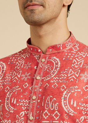Manyavar Men Coral Peach Abstract Printed Kurta