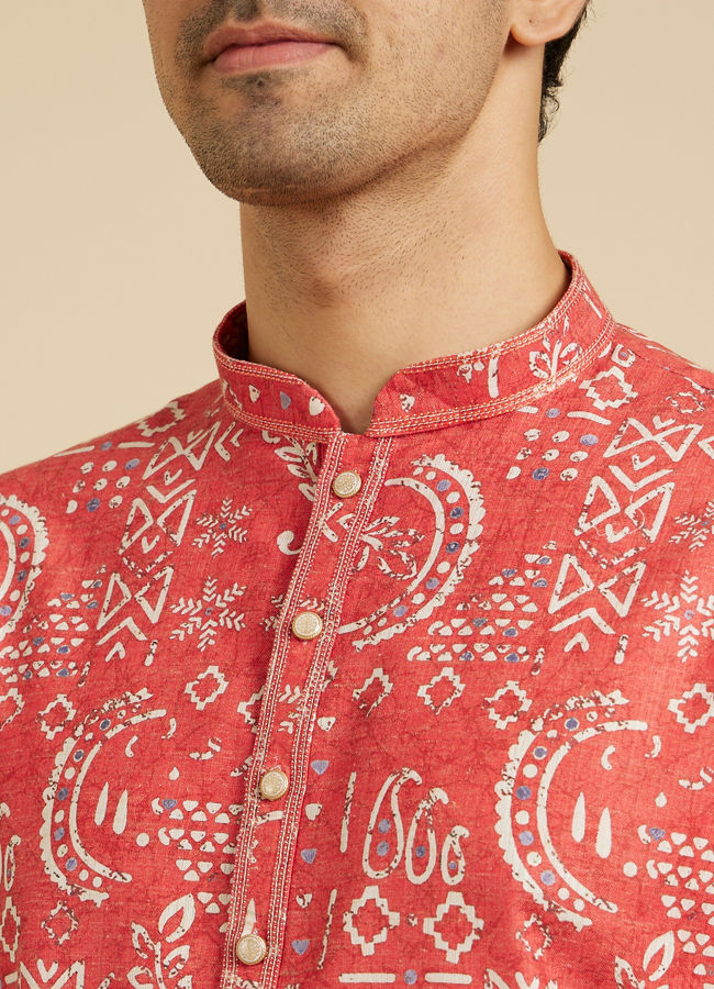 Manyavar Men Coral Peach Abstract Printed Kurta
