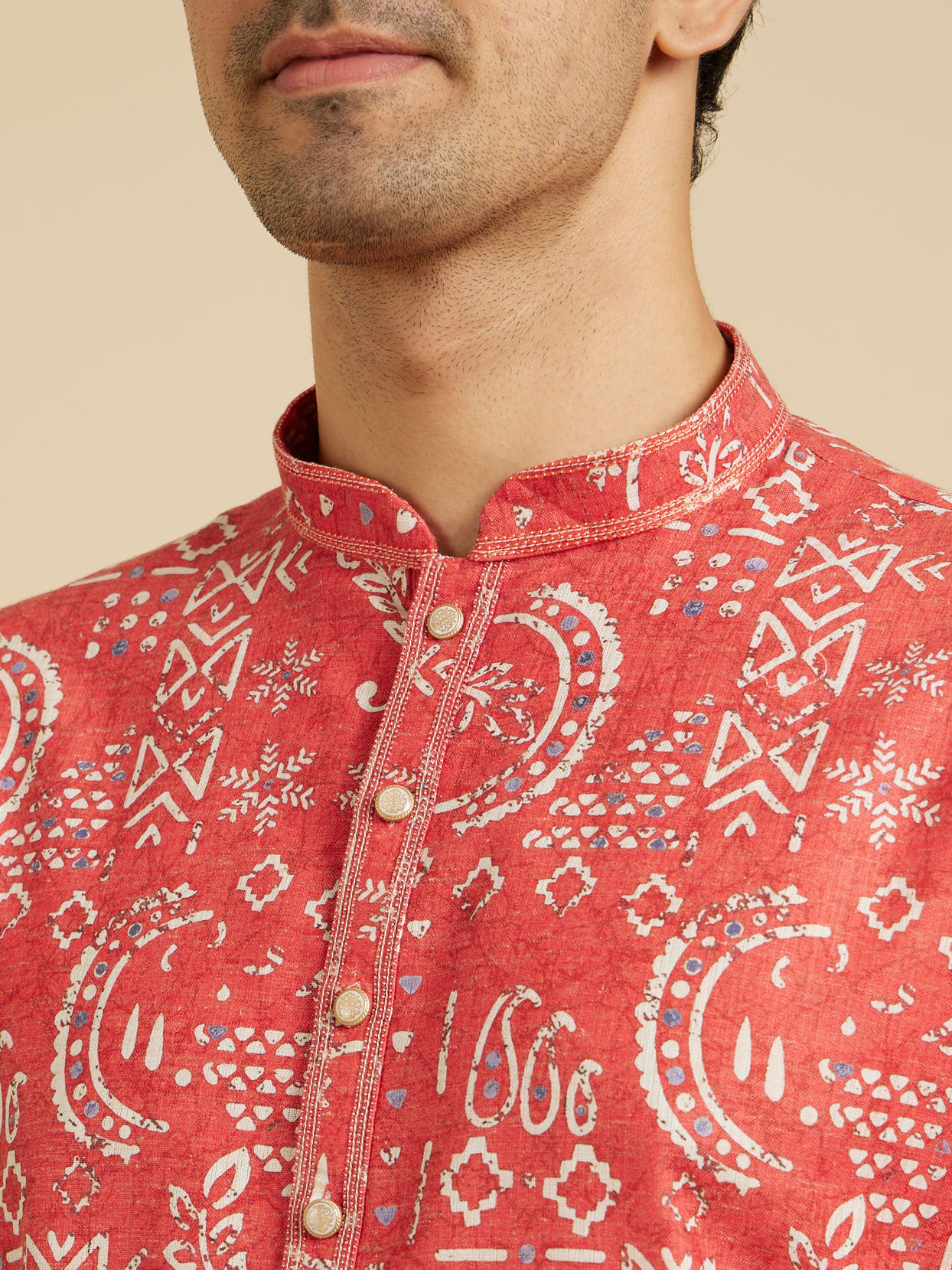 Manyavar Men Coral Peach Abstract Printed Kurta