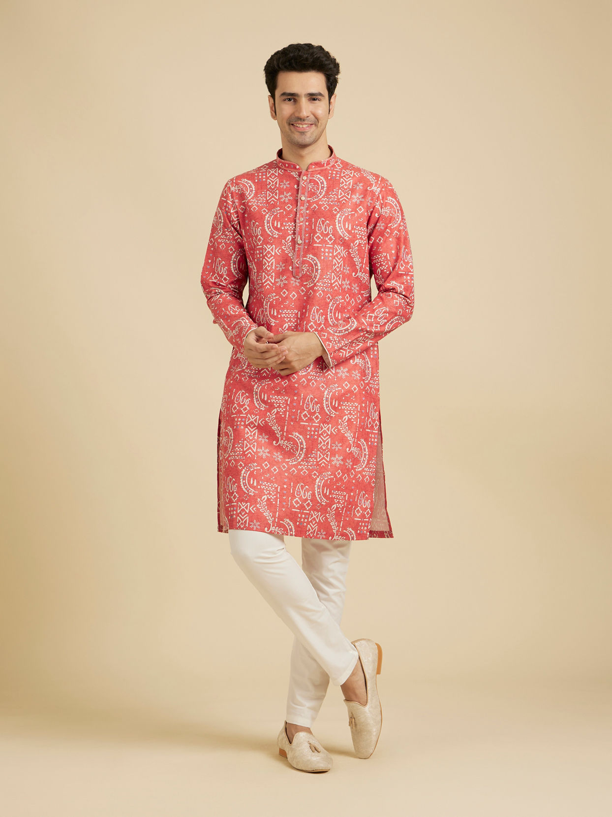 Manyavar Men Coral Peach Abstract Printed Kurta