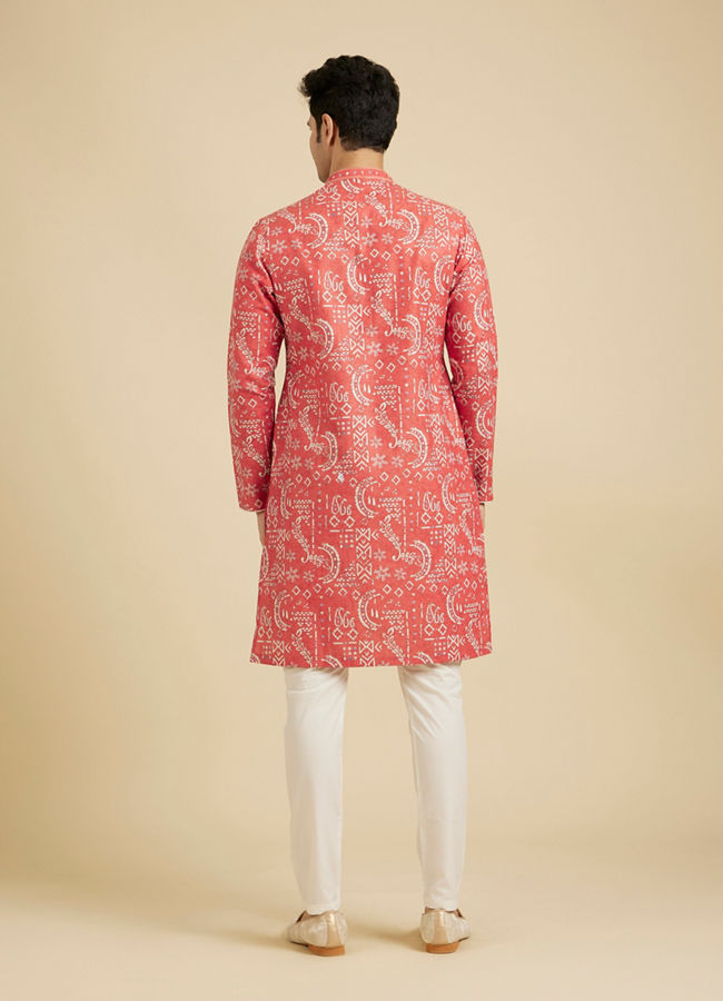 Manyavar Men Coral Peach Abstract Printed Kurta