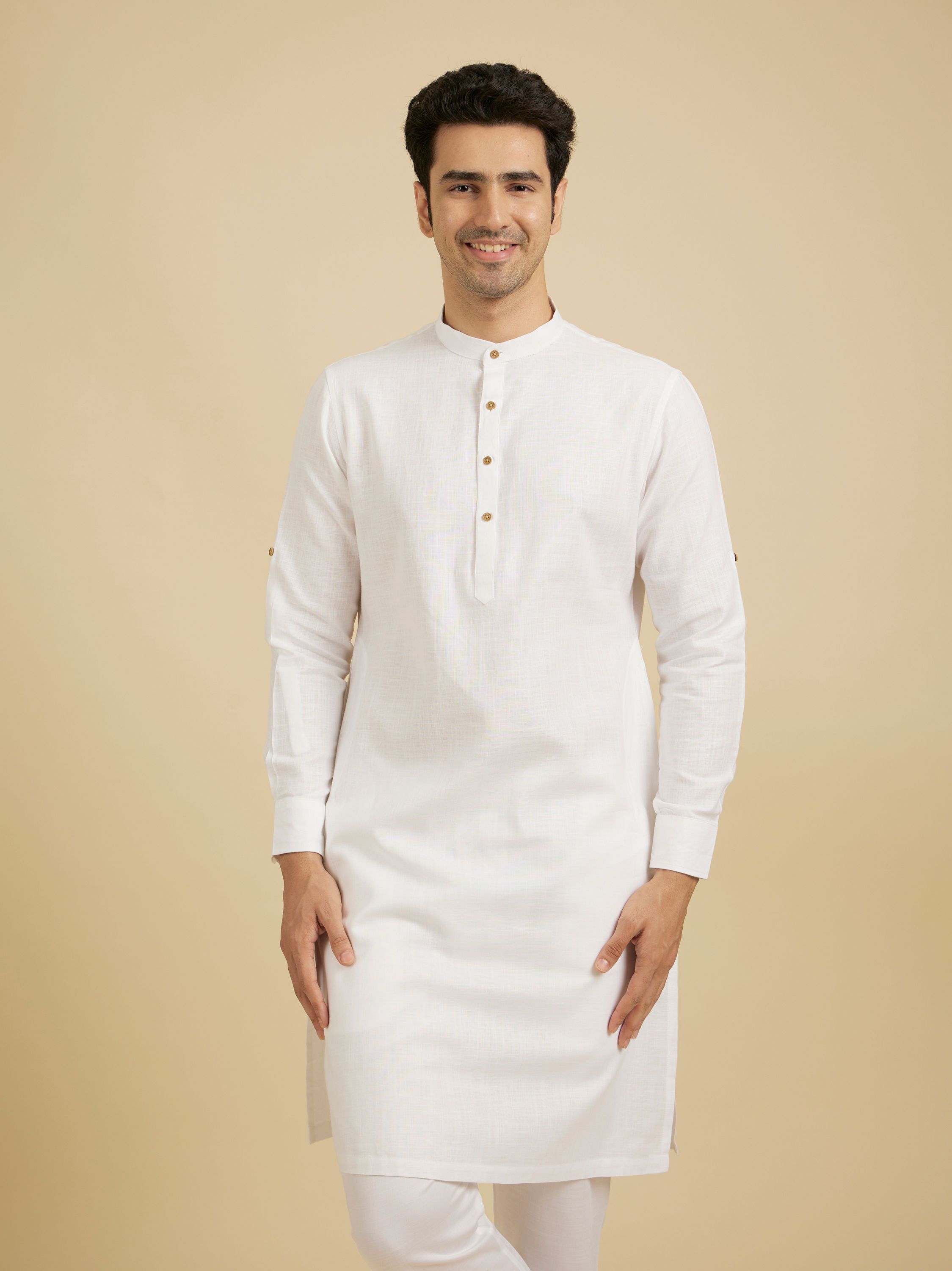 Manyavar Men Glimmering White Cotton Kurta