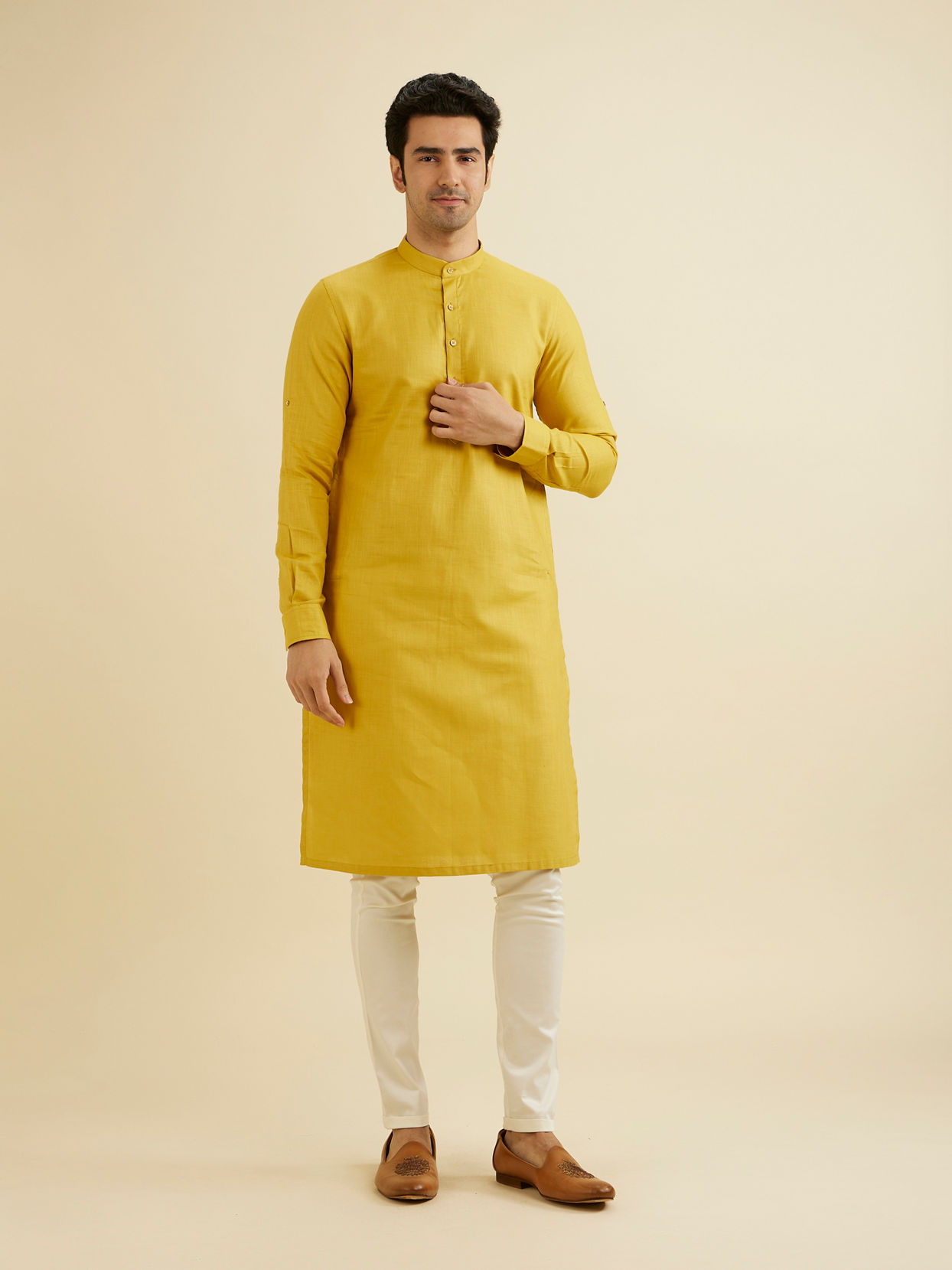 Manyavar Men Mustard Charm Cotton Kurta image number 2