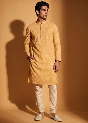 Manyavar Men Mustard Yellow Mid Length Kurta