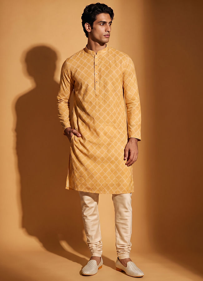 Manyavar Men Mustard Yellow Mid Length Kurta