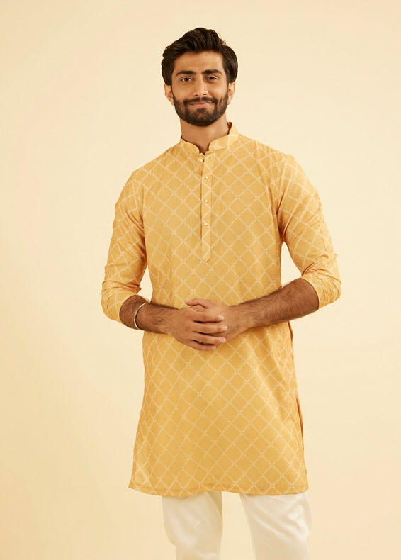Manyavar Men Mustard Yellow Mid Length Kurta