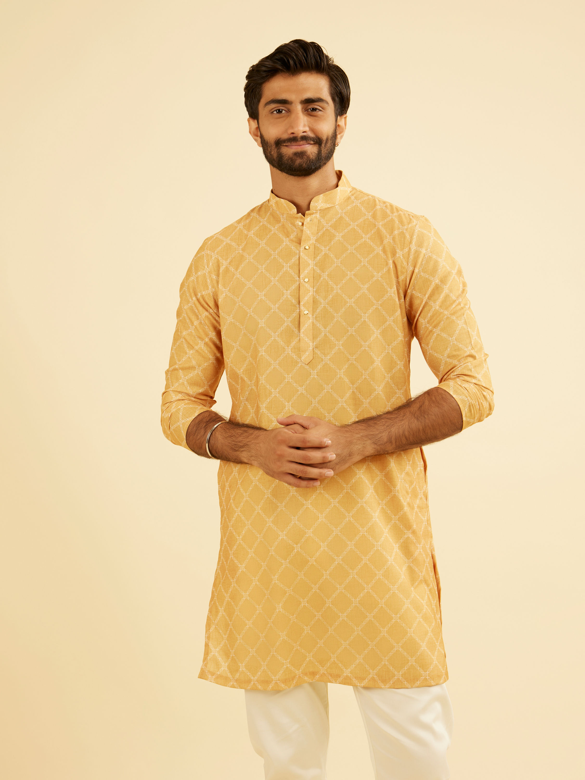 Manyavar Men Mustard Yellow Mid Length Kurta