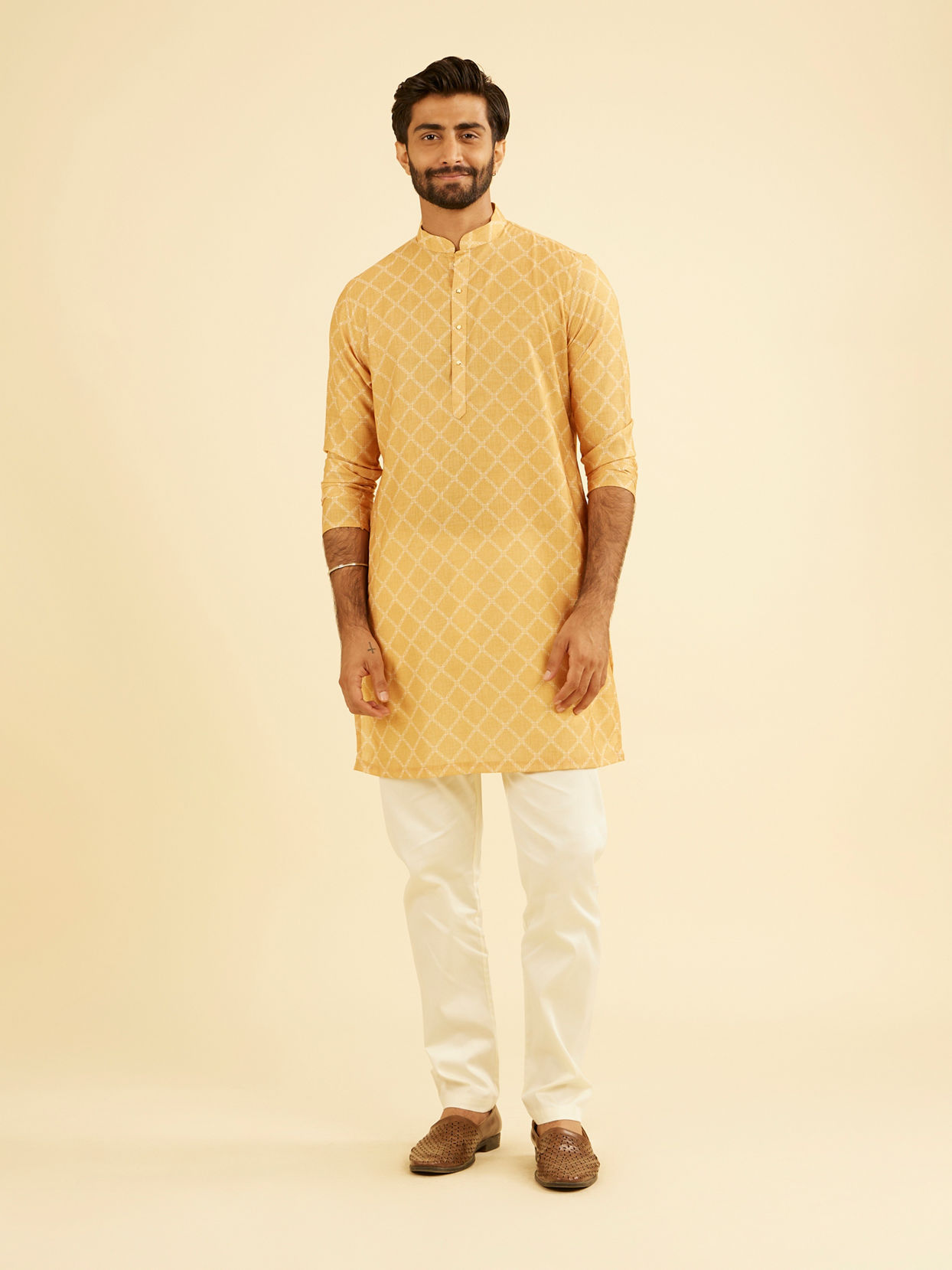 Manyavar Men Mustard Yellow Mid Length Kurta