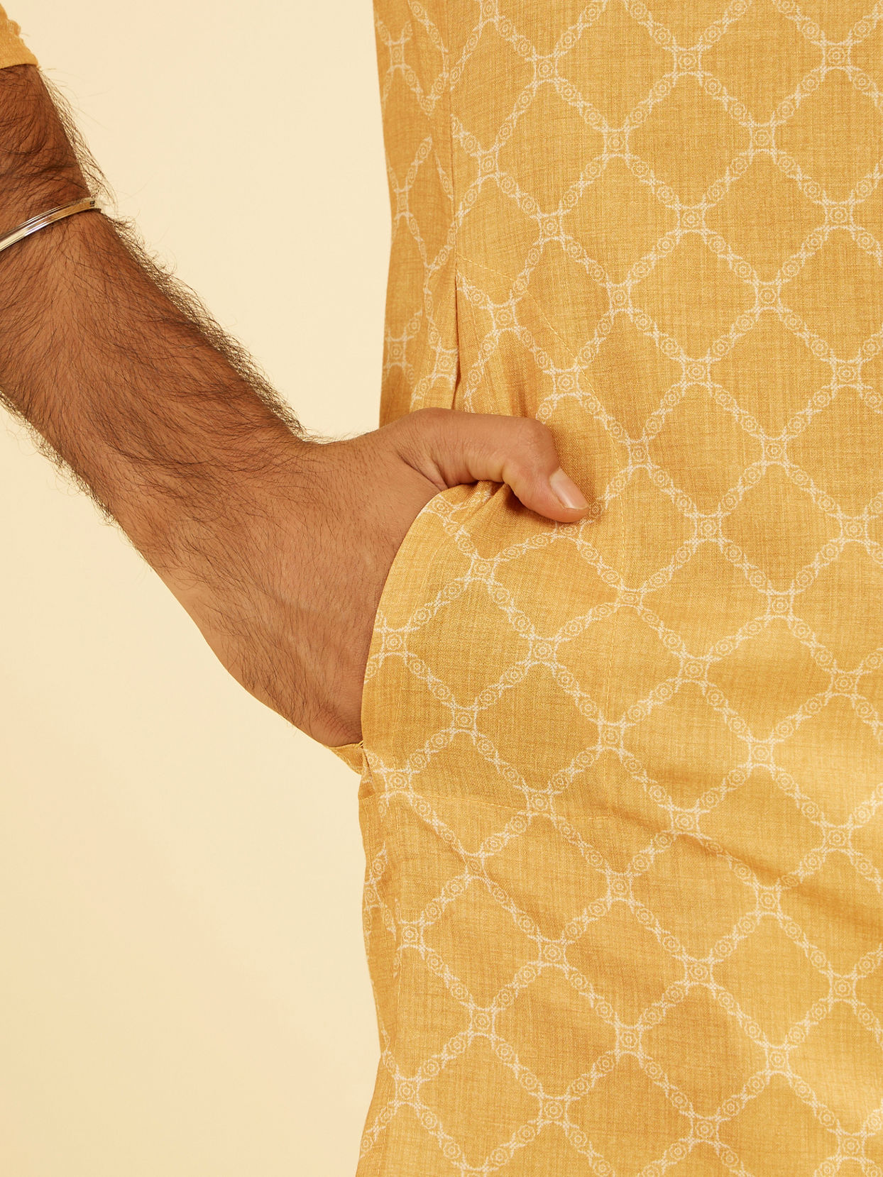 Manyavar Men Mustard Yellow Mid Length Kurta