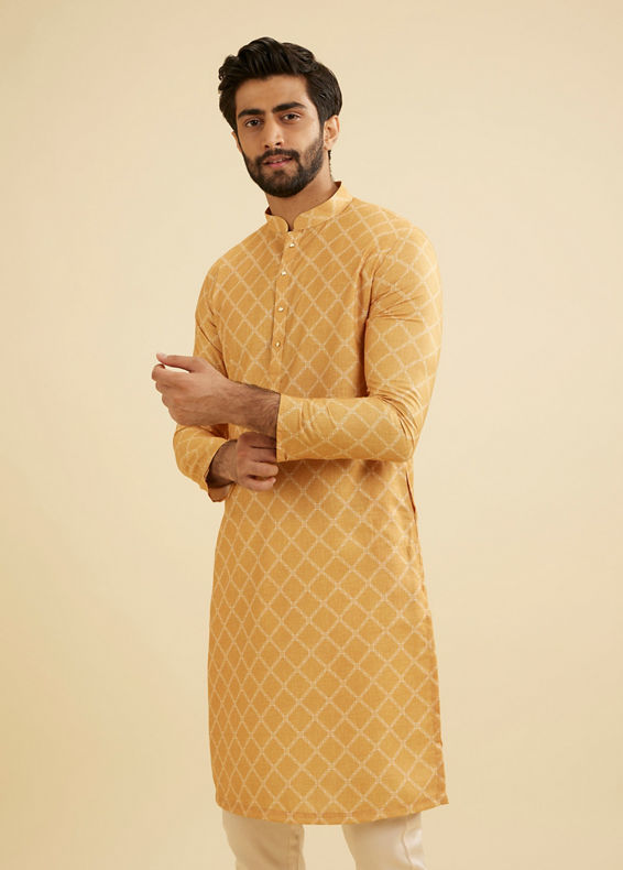 Manyavar Men Mustard Yellow Grid Patterned Kurta