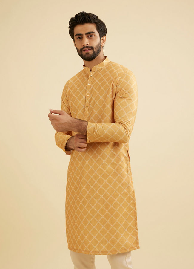 Manyavar Men Mustard Yellow Grid Patterned Kurta image number 0