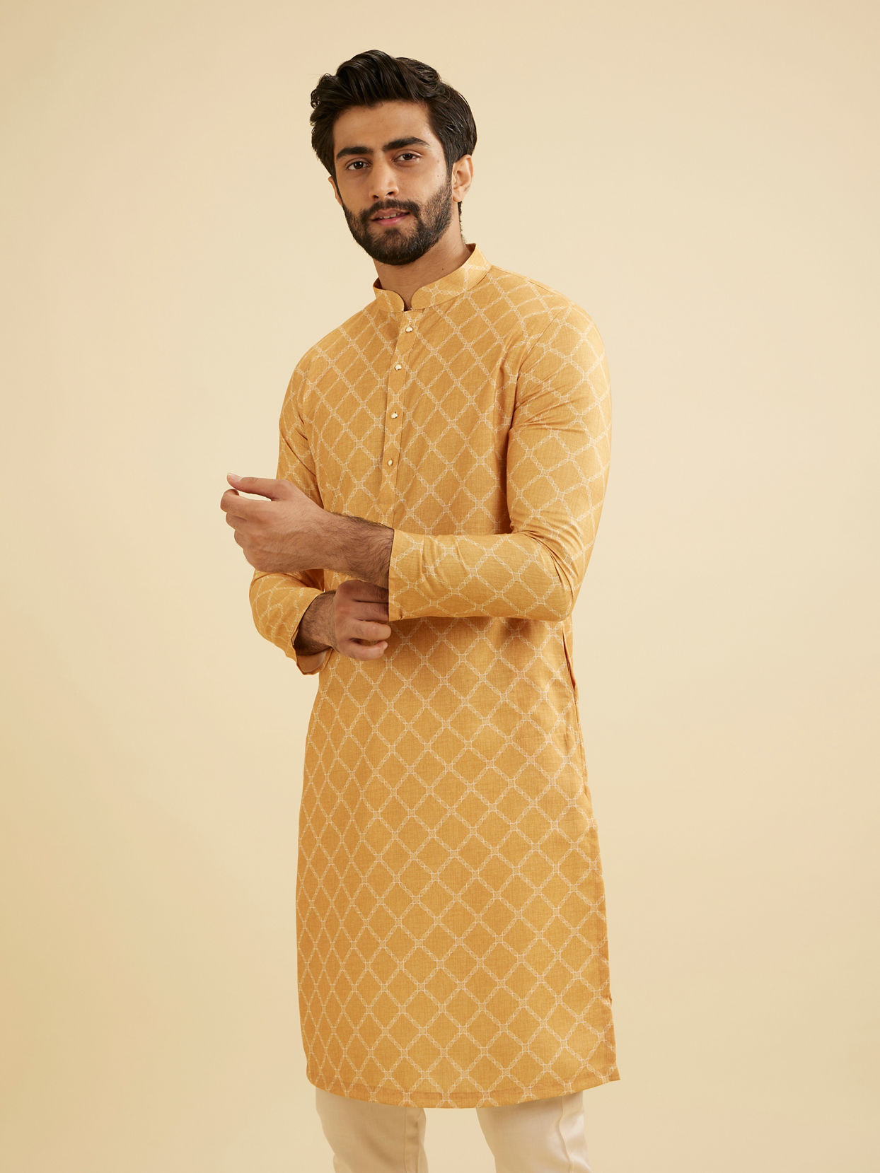 Manyavar Men Mustard Yellow Grid Patterned Kurta image number 0