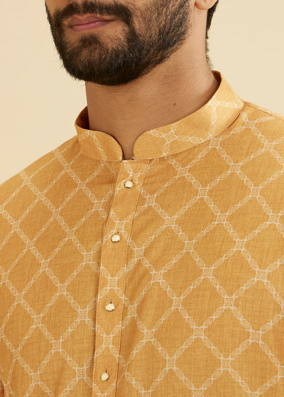 Manyavar Men Mustard Yellow Grid Patterned Kurta