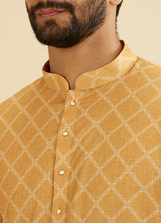 Manyavar Men Mustard Yellow Grid Patterned Kurta