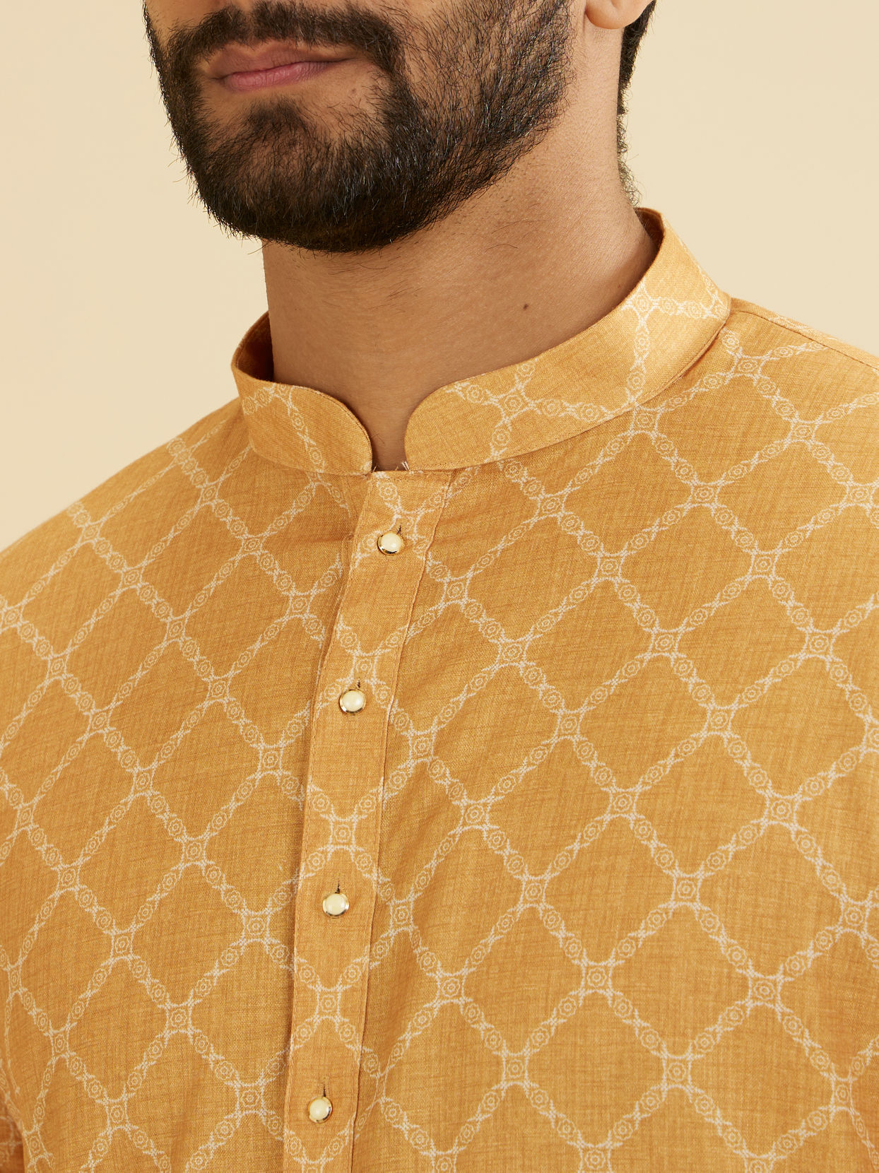 Manyavar Men Mustard Yellow Grid Patterned Kurta