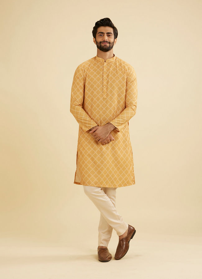 Manyavar Men Mustard Yellow Grid Patterned Kurta