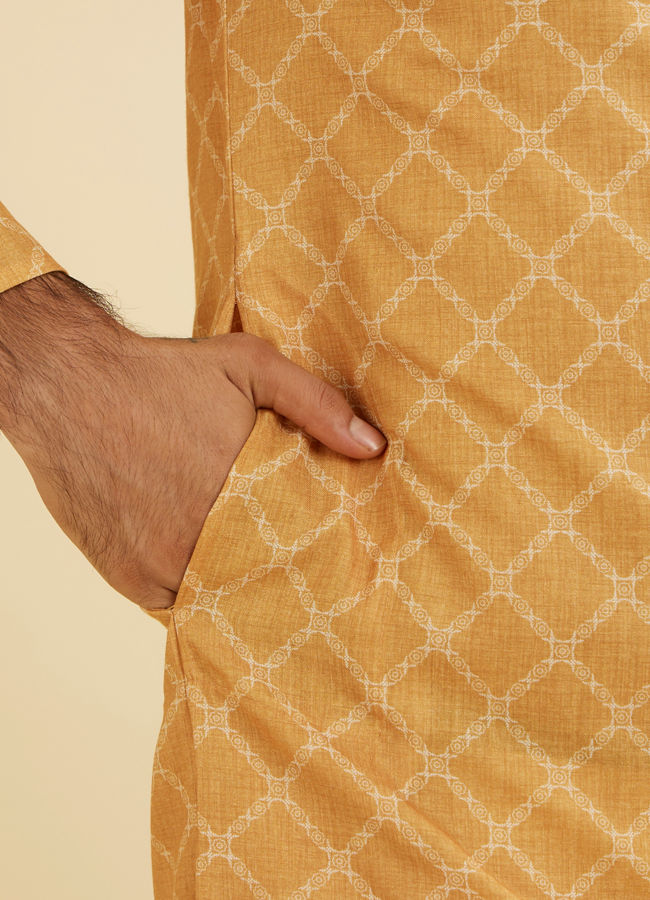 Manyavar Men Mustard Yellow Grid Patterned Kurta
