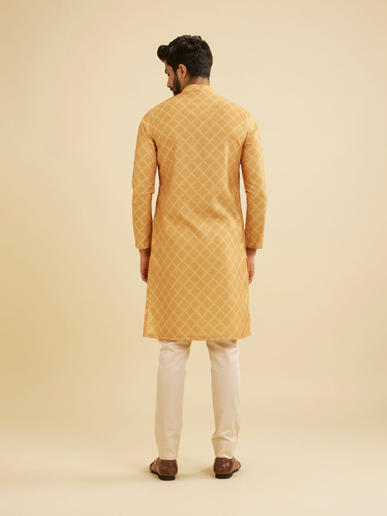 Manyavar Men Mustard Yellow Grid Patterned Kurta